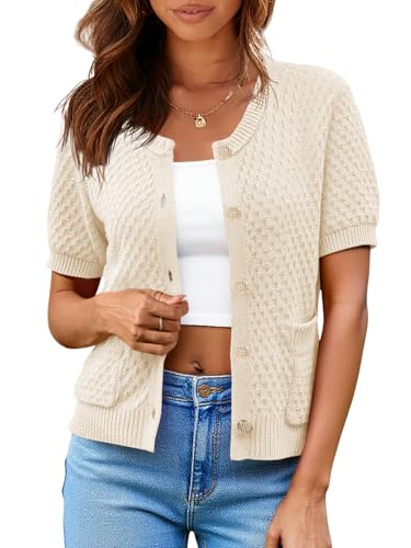 Saodimallsu Womens Short Sleeve Cardigan Summer Casual Crew Neck Button Down Lightweight Knit Sweater Tops with Pockets