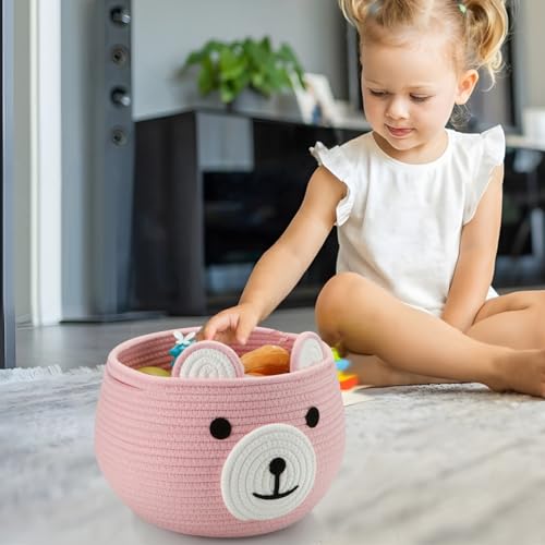 Image of PandaEar Cotton Rope Baby Basket, Baby Gift Basket Nursery Laundry Organizer with Cute Bear Design for Storage Infant Newborn Essentials, Diaper Caddy with Handle (Pink)