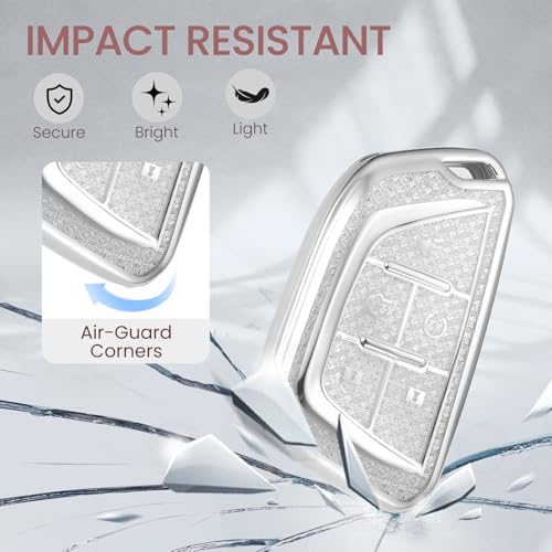 Image of for Cadillac Key Fob Cover with Fashionable Zirconia Wristlet KeyChain, Enchanting Diamond Patterns Soft Case for Escalade ATS XT4 /5 /6 XTS CT5 /6 ESV (White, B1)