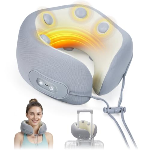 LACKONE Travek Neck Pillow with Heat, Vibrating Travel Pillow for Airplane 3 Temperature Heating Modes;5-Speed Vibration ;Breathable Soft Fabric;Premium Memory Foam