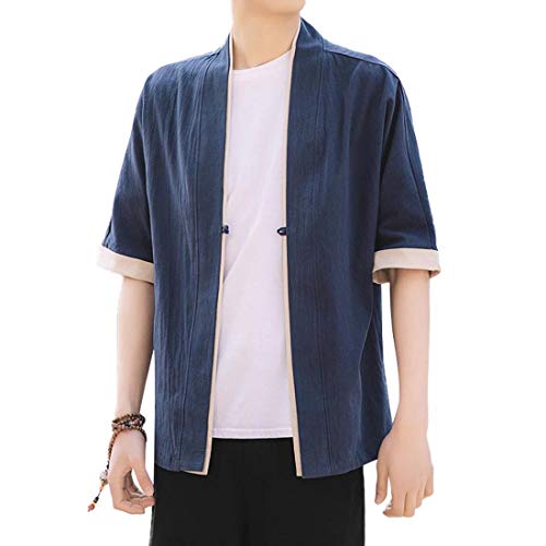 Men\'s Vintage Kimono Cardigan Cotton Linen Half Sleeve Japanese Jinbei Haori Jacket Hanfu Style Yukata Overcoat (531-Navy, XL) - Thumbnail 3