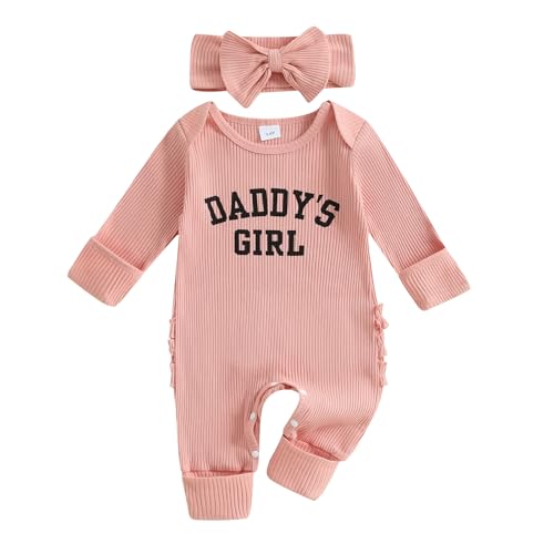 Mieeyali Daddys Girls Baby Clothes Newborn Outfit Girl Coming Home Clothes Funny Letter Jumpsuit Knit Romper Preemie Clothes (Pink, 0-3 Months)