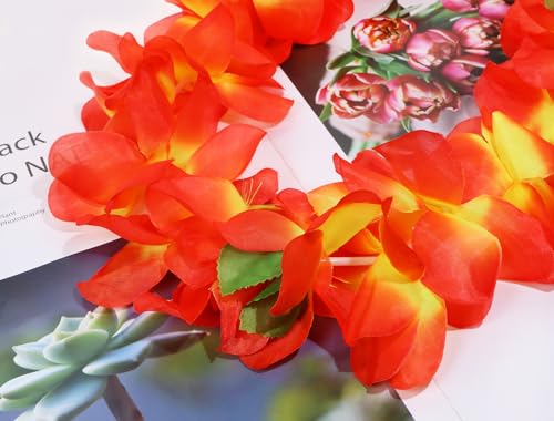 PENTA ANGEL Hawaiian Leis Set for Luau Party 4Pcs Tropical Flower Ribbon Lei Necklace for Summer Beach Pool Graduation Dance Party Favor Decoration (Orange) - Thumbnail 2