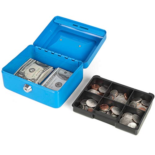 Small Cash Box With Key Lock, Decaller Portable Metal Money Box With Double Layer & 2 Keys For Security, Skyblue, 6 1/5" X 5" X 3", Qh1505Xs #TOP1