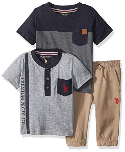 U.S. Polo Assn. Baby Boy's Short Sleeve T-Shirt, Henley T-Shirt, and Jogger Pant Set Pants, Premium Indigo Blue Heather, 12M