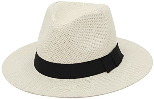 GEMVIE Chapéu Panamá de palha de verão Chapéu de sol Fedora de aba larga Chapéu de palha Panamá para homens e mulheres, Bege, 7-7 1/4