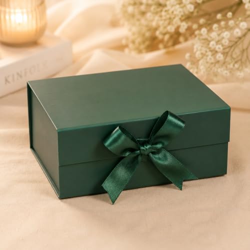 Image of Kura by Ekhasa Foldable Large Multipurpose Gift Hamper Box (21.5 x 21 x 9.5 cm) with Magnetic Closure & Ribbon | Green Rigid Cardboard Empty Reusable Packing Box | Birthday, Wedding & Festive Gifting