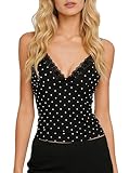 Camisola de verano Y2K con lunares para mujer, tirantes delgados, cuello en V, ajustada, camiseta corta de moda para salir, F-negro, S