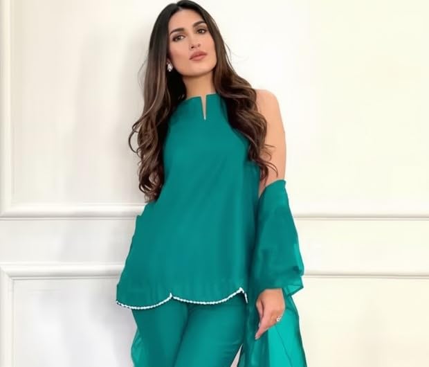 Image of Women's Teal Chiffon Kurta with Dupatta and Palazzo Pants, 3-Piece Ethnic Suit Set