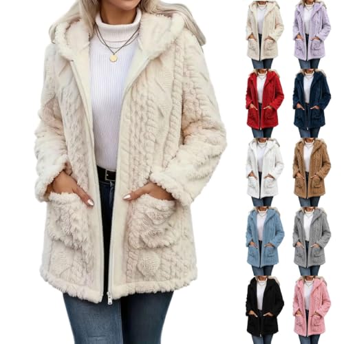 XOGWVJ Womens Fuzzy Hooded Coat Sherpa Fleece Jacket Zip Up Warm Longline Textured Casual Fall Winter Outerwear with Pockets Womens Jacket Beige S - image 1