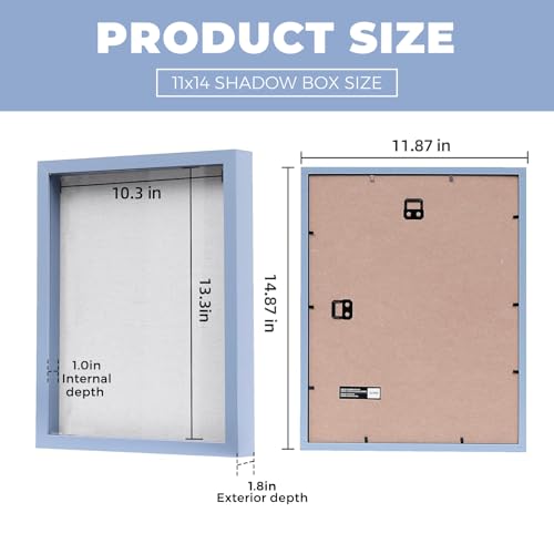 Image of Muzilife 11x14 Shadow Box Picture Frame with Linen Board - Deep Wood & Glass Display Rustic Case Ready to Hang Memorabilia, Pins, Awards, Medals, Wedding, Tickets, and Photos, Blue