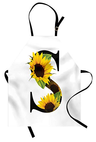 Ambesonne Letter S Apron, Flora Elements Sunflowers On Dark Colored Abstract Art Print, Unisex Kitchen Bib With Adjustable Neck For Cooking Gardening, Adult Size, Green Black #TOP6