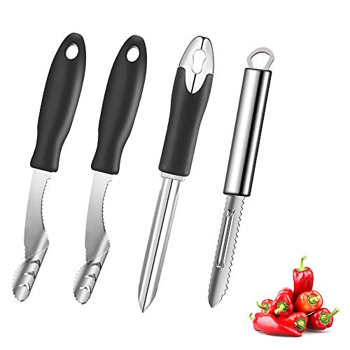 4 Pieces Pepper Corer Zucchini Cucumber Core Deseeder Chili Jalapeno Pepper Corer Stainless Steel Serrated Core Remover Tools with Rubber Handle for Cooking Accessories Professional Kitchen Gadgets