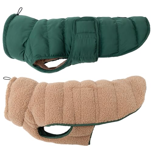 Wanderpfote Hundemantel Beidseitig Tragbar, Puffer-Design – Cozy Sherpa Fell oder Moderne Puffer-Jacke - Wendbare Hundejacke, Hunde Wintermantel (Grün/Beige, 40)