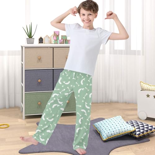Boy's Pants Cartoon White Fish Bone Green Jogger Pants Elastic Waist Long Bottoms Trousers with Pockets 6-14 Years4