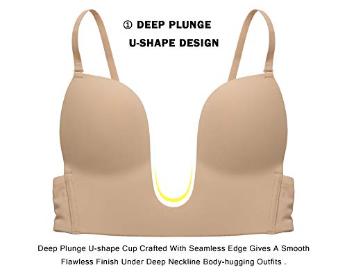 Joateay Women's Deep Plunge Bra Convertible Push Up Low Cut Seamless Wireless Bra Red Carpet(Nude,34B) #TOP4