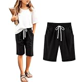 Cartwheel Shorts for Girls,Girls Knee Length Shorts,Casual Knee Length Straight Leg Short Pants Kids Cute Plain Drawstring Elastic Waist Capri Summer Lightweight Breathable Trousers Black 9-10 Years