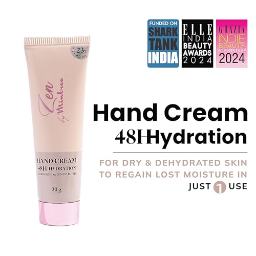 Image of Mintree Hand Cream for Men and Women, Lightweight & Hydrating with Shea Butter, Avocado Butter, Ceramides & Squalane, Beige | 48 HR Hydration & Woody Scent | Suitable for All Skin Types, 30 g