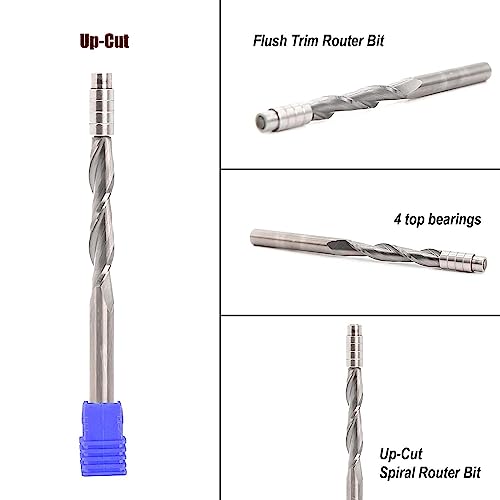 Sinoprotools Spiral Flush Trim Router Bits 1/4-Inch Shank, Cl 1-7/16", Cd 1/4", Solid Carbide Extra Long Up-Cut Flush Trim Bit, With 4 Bearings, Flush Cut Router Bit For Woodworking Trimming #TOP2