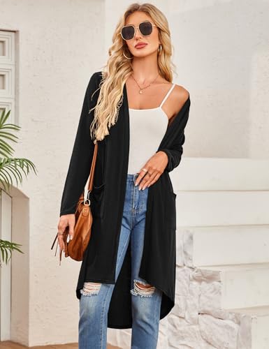 Bluetime Women Open Front Long Cardigan Lightweight Long Sleeve High Low Hem Maxi Duster with Pockets (S-3XL)3