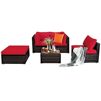 Alternative view of DORTALA 5 Pieces Patio Rattan Furniture Sets, Sectional Sofa Conversation Set w/Steel Frame & Sponge Cushions, Modern Wicker Combination Sofa Set w/Ottoman & Table for Garden Lawn Balcony, Red