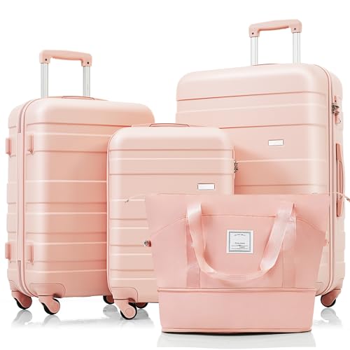 Luggage Sets 4 Piece, ABS Durable Suitcase with Travel Bag, Carry On Luggage Suitcase Set with 360° Spinner Wheels, Pink