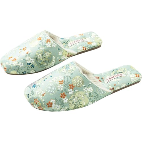 Floral Silk Embroidered Slippers Women Retro Brocade Upper Fuzzy Linen insole Soft TPR Anti-Slip Soles Indoor Slippers
