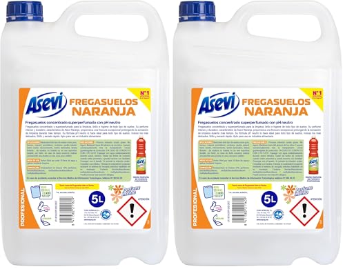 Asevi Fregasuelos Perfumado Naranja - Friegasuelos Concentrado Aroma Cítrico - Limpieza, Brillo e Higiene - Limpiasuelos pH Neutro Todo Tipo de Suelos, Incluso Superficies Delicadas - Envase 5 Litros
