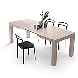 TAVOLO MODERNO: Chiuso 140 cm, con un'allunga 180 cm, con 2 allunghe 220 cm (fino a 10 posti). Le allunghe sono riponibili sotto al piano del tavolo. La continuità della vena della finitura NON è garantita (nel piano e tra le allunghe e il piano).