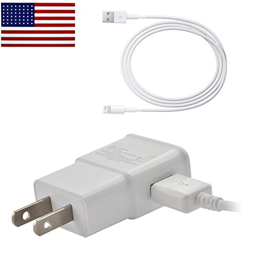 2 Amp Rapid Wall Charger & 8 Pin Data Cable for Apple iPhone 7 7 Plus 6 6 Plus 5 5S 5C, iPad 4 Air 1 Air 2 & iPad Mini 1 2 3 Bundle -Bulk Packaging- w allsales1955 Brand American Flag Sticker (White)
