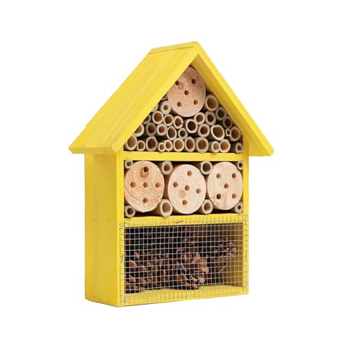Bee & Bug Hotel Wooden Insect & Bee House with Pre-Drilled Hanging Hook Nesting Habitat for Solitary Bees Butterflies Ladybirds & More, Natural Wood Garden Shelter Box (Yellow, One Size)