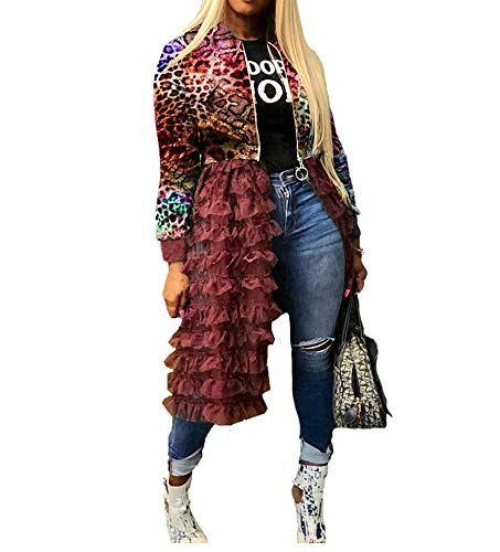 Women Camo Mesh Patchwork Bomber Jacket Front Zip Lace Ruffle Hem Split Trench Coat Dress Casual Club (Snake-Multicolor, XXXL)