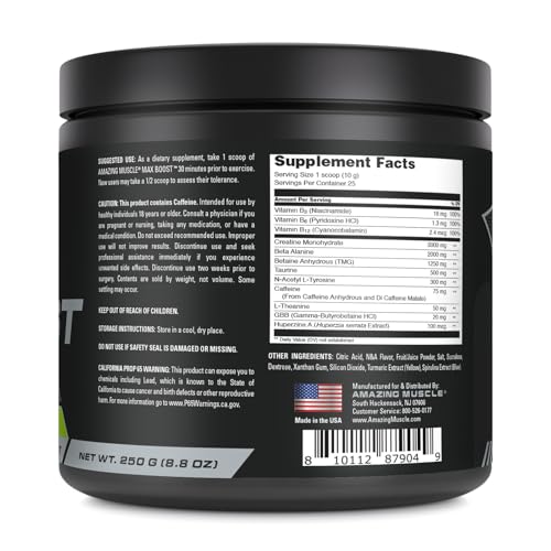 Image of Amazing Muscle Max Boost | 25 Servings | Intense Pre-Workout Supplement for Men & Women | Contains Creatine Monohydrate, Caffeine, Beta-Alanine, Betaine (25 Servings, Lemon Lime)