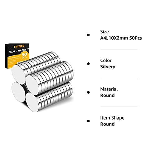 Trymag Magnets, 50 Pcs Small Refrigerator Magnets Round Disc Magnets, Premium Brushed Nickel Cylinder Office Magnets For Crafts, Diy, Whiteboard And Fridge Magnets,Silvery,10X2Mm 50Pcs #TOP7