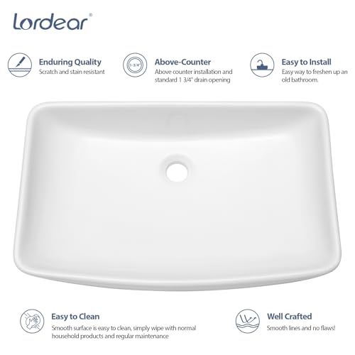 Lordear Vessel Sink Rectangular 24 Inch Curved Rectangle Bathroom Sink Modern Above Counter White Porcelain Ceramic Bathroom Vessel Vanity Sink Art Basin