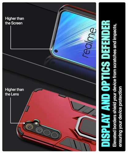 Image of WOW IMAGINE Shock Proof Back Case Mobile Cover for Realme 6 | Back Cover Case (Tough Armor | Hybrid PC + TPU | Ring Holder & in-Built Kickstand | Red)