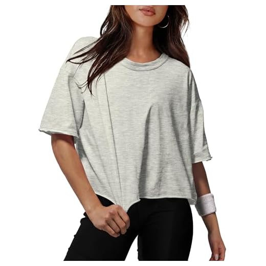 XIEERDUO Oversized Tshirts for Women Summer Short Sleeve Cotton Workout Tops Loose Fit Grey L