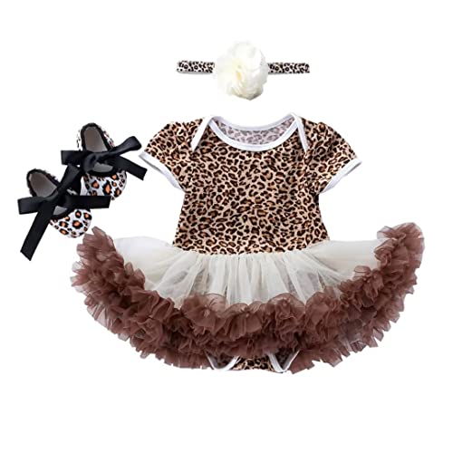 BabyPreg Vestido bebé niña con Estampado de Cebra Leopardo Zapatos de Vestir Tutu Diadema de 3 Piezas (Leopardo marrón, 12 Months)