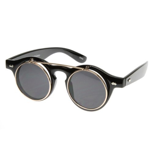 zeroUV Small Retro Steampunk Circle Flip Up Glasses/Sunglasses (Black Gold)