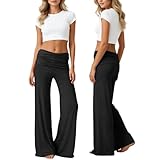 Pantalones de Yoga de Las Mujeres Fluido Ancho de Correr Pantalones Cintura Elástica Baggy Sudaderas de Control de Vientre Coral de Cintura Plegable Casual Pierna Recta para Pilates Deporte