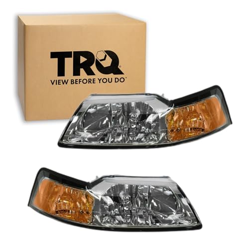 Image of TRQ Headlight Assembly Set FO2502160 FO2503160 Compatible with 1999-2004 Ford Mustang
