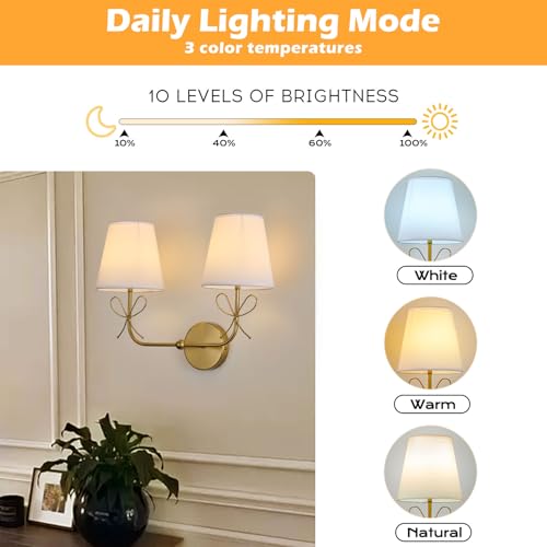 Image of PASSICA DECOR Bow Battery Operated Wall Sconce, Rechargeable Wireless Double Lights with Dimmable Bulbs, 15 Colors and Remote Control, Gold Wall Lamps for Bedroom, Bathroom