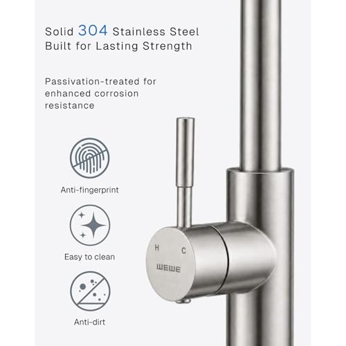 Image of WEWE 14.5-Inch Tall Stainless Steel Kitchen Faucet with Pull Out Sprayer, Brushed Nickel 360 Swivel Sink Faucet with Single Handle for Kitchen /Utility /Laundry /Bar Sink, 1 or 3 Hole