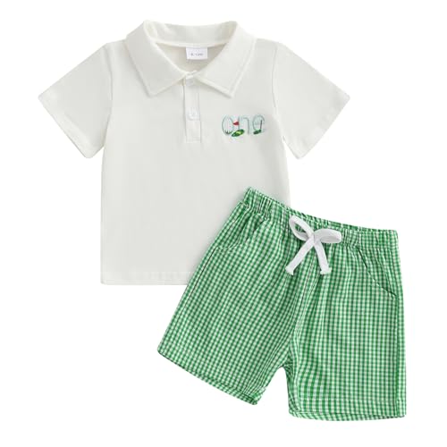 KtwHarnu Baby Boy Frist Birthday Outfit Golf One Embroidery Short Sleeve Lapel T-Shirt Plaid Shorts Set 1st Birthday Clothes (White, 6-12 Months)