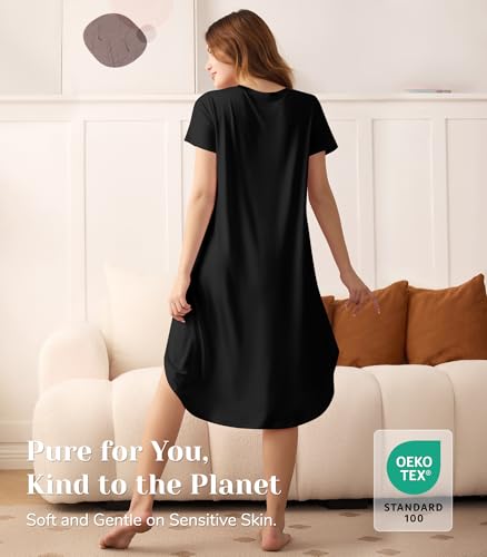 Image of NACHILA Nightgowns for Women-Viscose Made from Bamboo, V Neck Sleepshirts Short Sleeve Sleepwear Cool Nightshirt