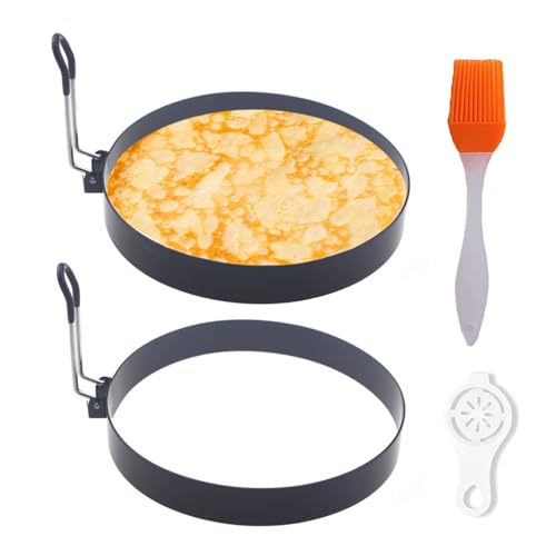 Pancake Ring for Griddle,2 Packs 6 Inch Egg Pancake Maker,Omelette Rings for Griddle,Non-stick Stainless Steel Crumpet Ring,Egg Muffin Rings Fried Egg Ring Pancake Shaper with Sinlicone Handle Grill