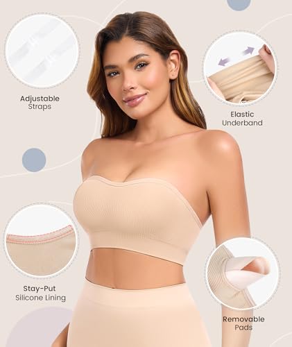 Strapless Bras for Women Non-Slip Padded Bandeau Bra Wireless Tube Top Bra Including Clear Straps4