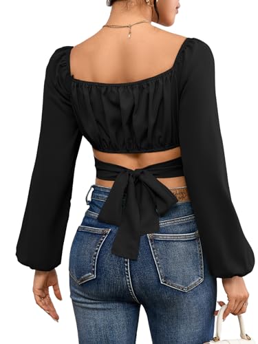 Rooscier Women's Drawstring V Neck Ruched Lantern Long Sleeve Tie Back Crop Top Blouse2