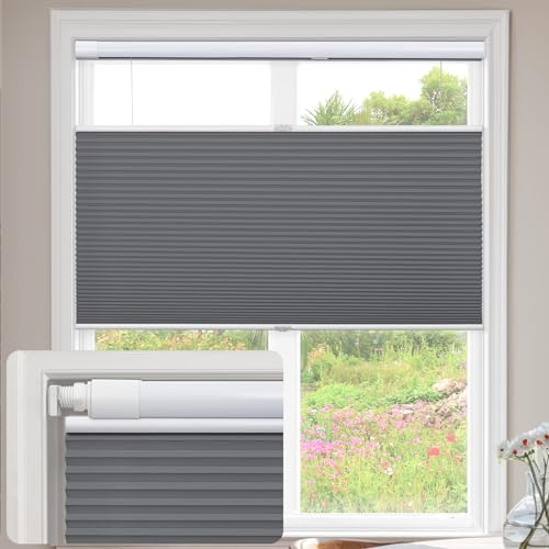 Persianas plisadas celulares sin cordones con diseño de panal para ventanas, sin agujeros, de abajo hacia arriba, color gris neblina, 155 cm de ancho x 122 cm de alto, ideal para el hogar y la oficina