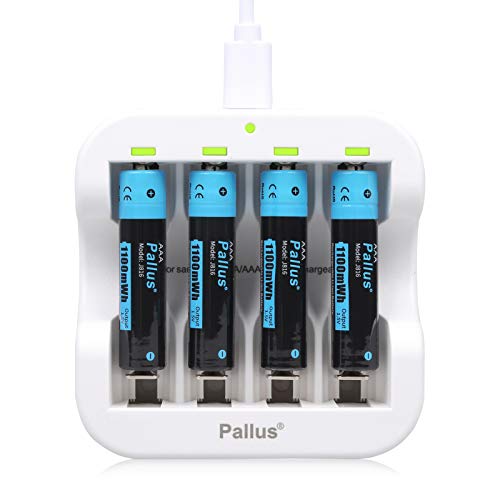 Pallus AAA Rechargeable Lithium/Li-ion Batteries, 4 Pack 1.5V 1100mWh High Capacity, USB Charger, 1 Hour Fast Charging, 1500 Cycles